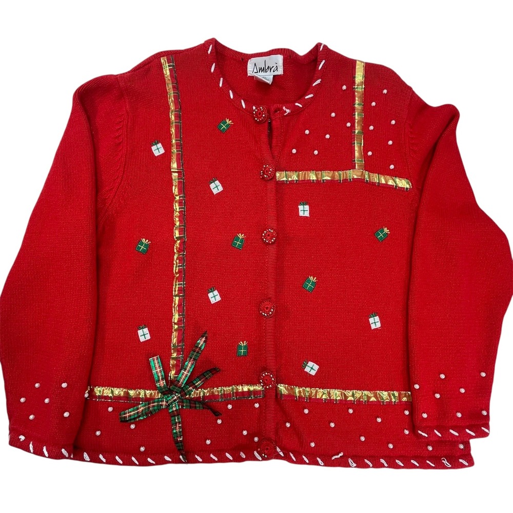 Ambra Red Christmas‎ Cardigan Sweater Women's PXL Gifts Bow Pearls Holiday READ